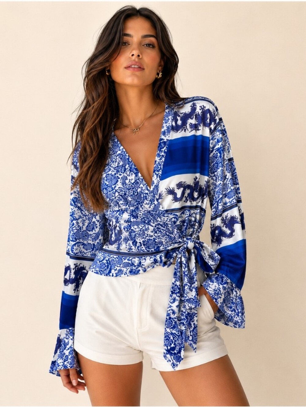 Wrap Blouse with Blue Paisley Print